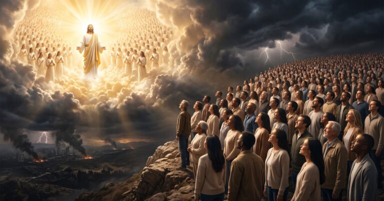 Jesus erscheint in Herrlichkeit vor einer großen Menschenmenge