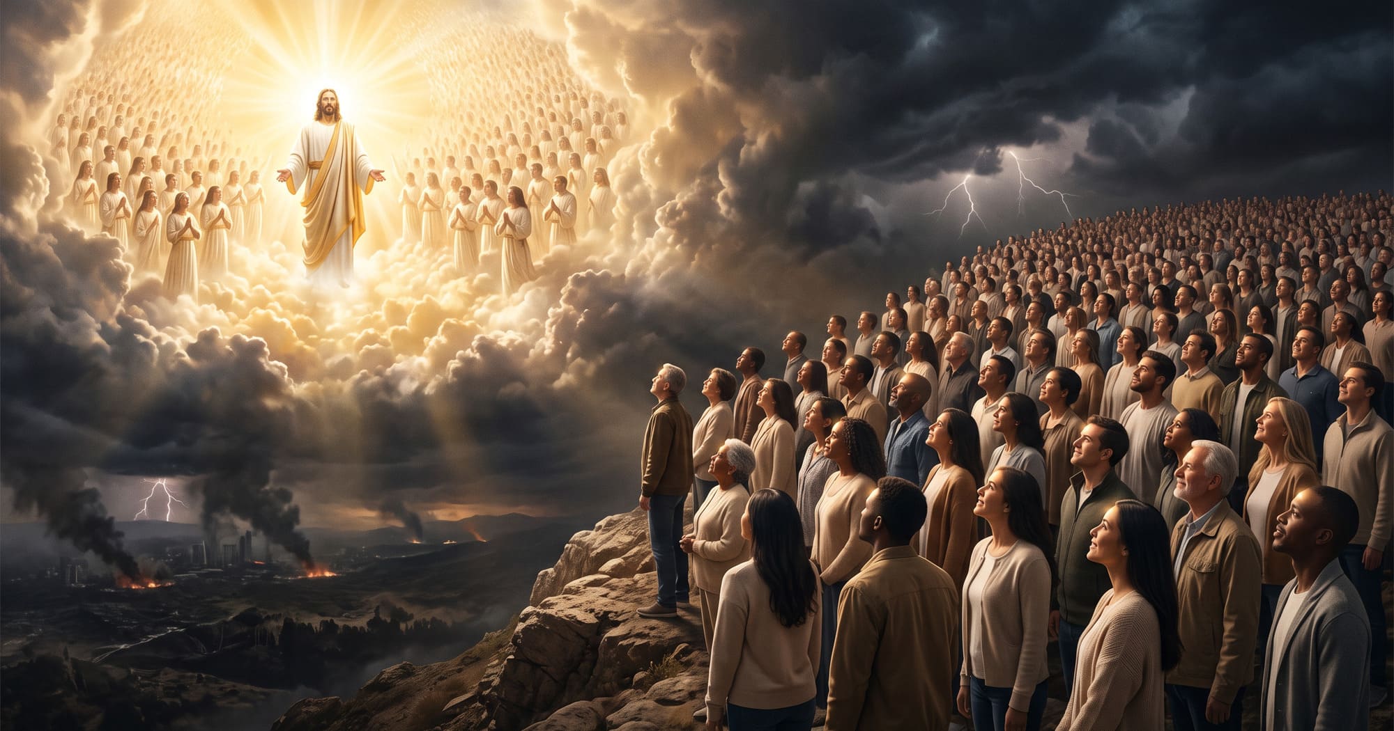 Jesus erscheint in Herrlichkeit vor einer großen Menschenmenge