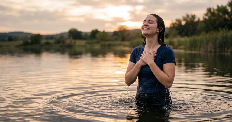 Eine Frau steht nach ihrer Taufe betend im Wasser
