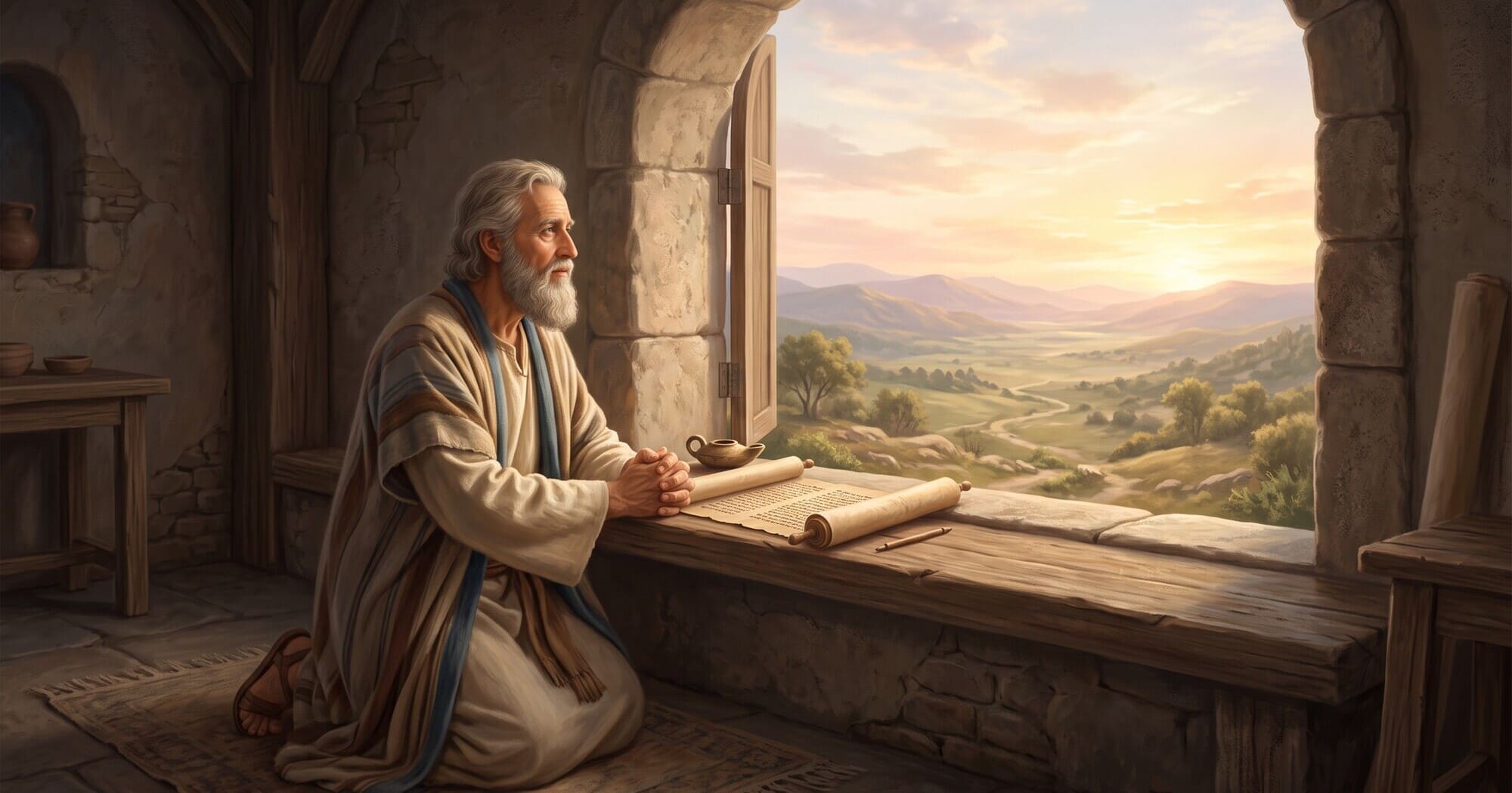 Illustration zu Daniel 9: Ein betender Mann mit geöffneter Schrift am Fenster.