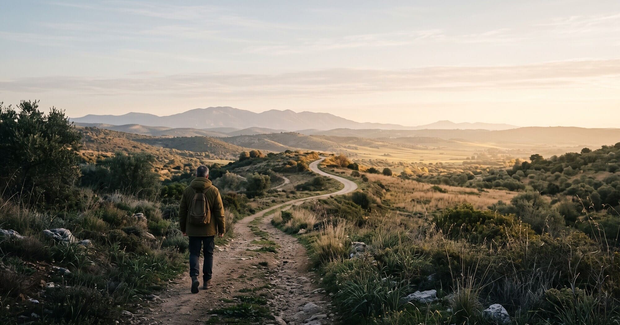 Ein Mensch geht im Morgenlicht auf einem Weg durch eine weite Landschaft