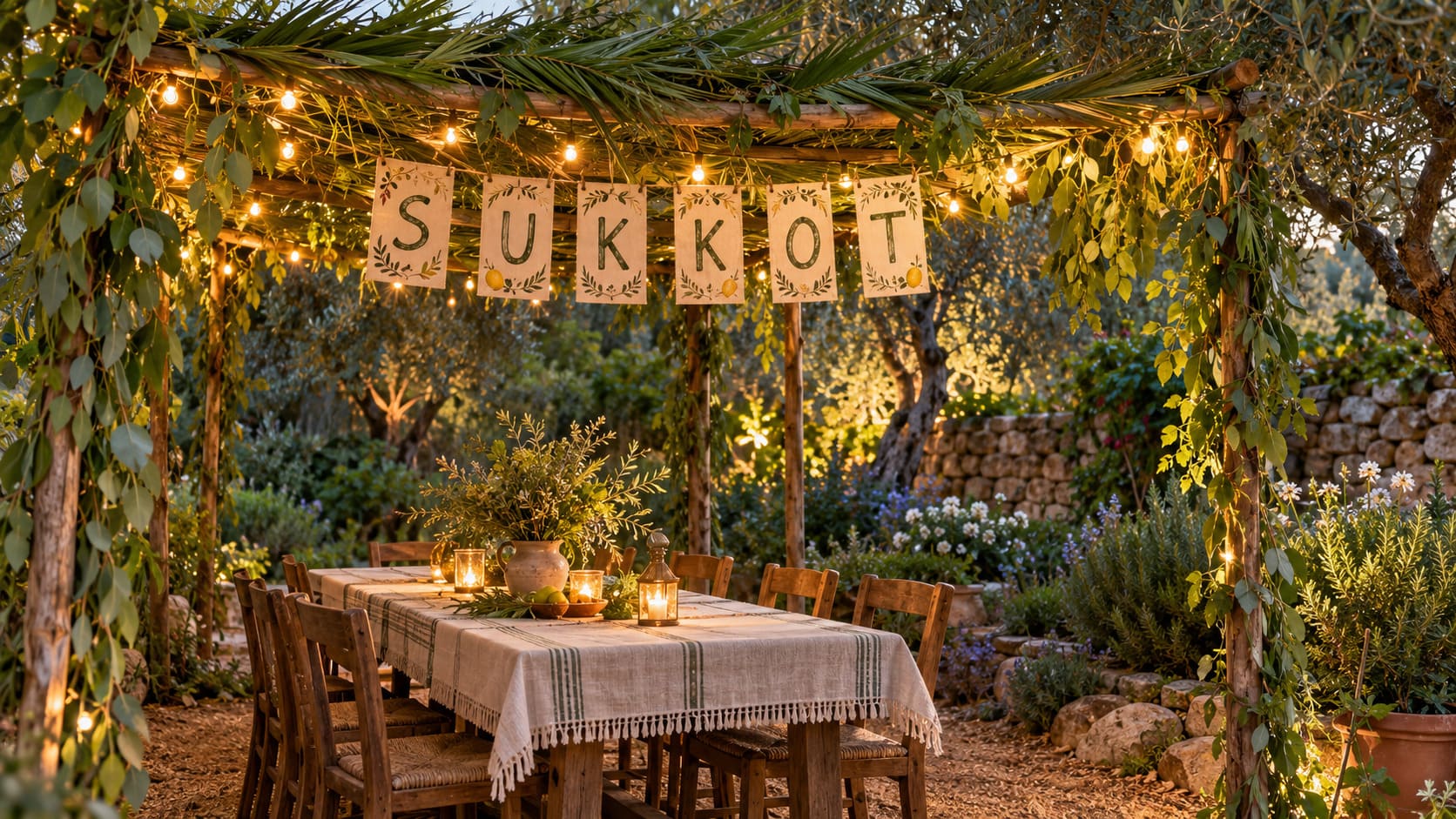 Festlich beleuchtete Laubhütte mit Sukkot-Schriftzug und gedecktem Tisch.