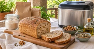 Angeschnittenes Dinkelbrot mit Walnüssen und Saaten auf einem Holzbrett, dahinter Backmischungen und ein Brotbackautomat.