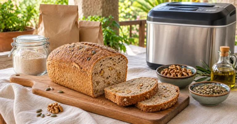 Angeschnittenes Dinkelbrot mit Walnüssen und Saaten auf einem Holzbrett, dahinter Backmischungen und ein Brotbackautomat.